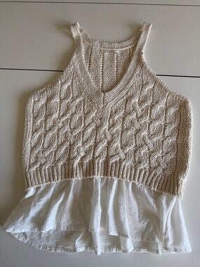 Anthropologie Cream Chunky Cable Knit Tank with Layered Hem L